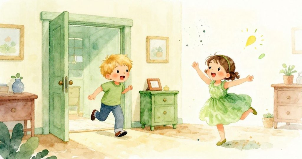 Tom entering Lily's room, surprised by her dancing - wide watercolor illustration