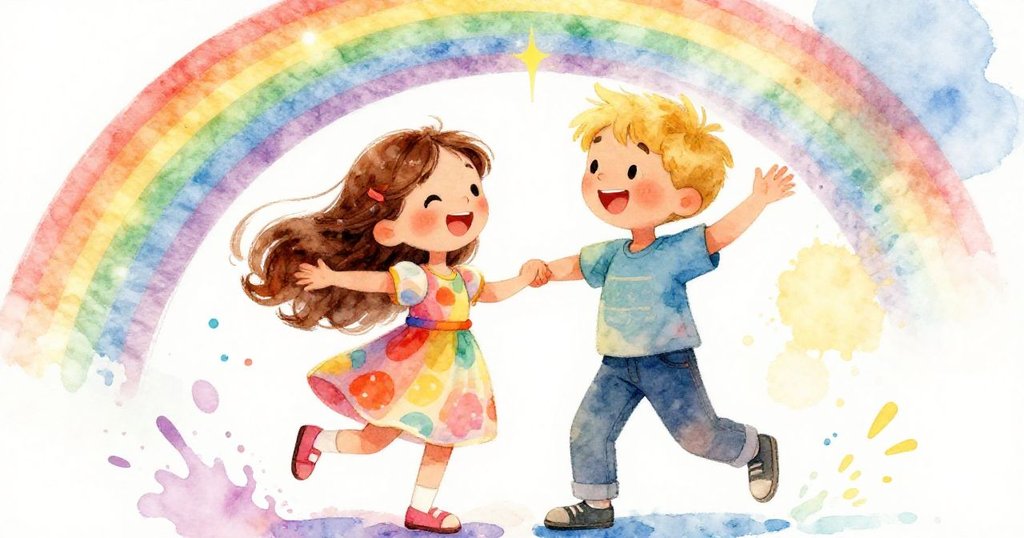 Lily and Tom dancing and laughing together in a colorful room - joyful watercolor illustration