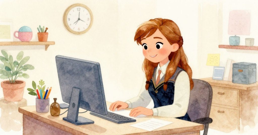 Anna happily working at her office desk - warm watercolor illustration