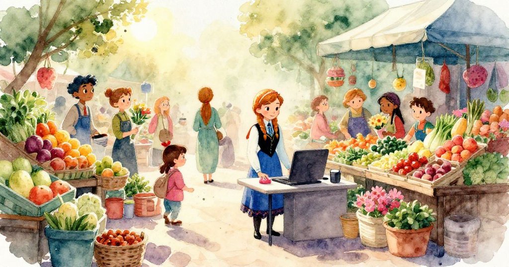 Busy market filled with colorful stalls and cheerful shoppers - vibrant watercolor illustration