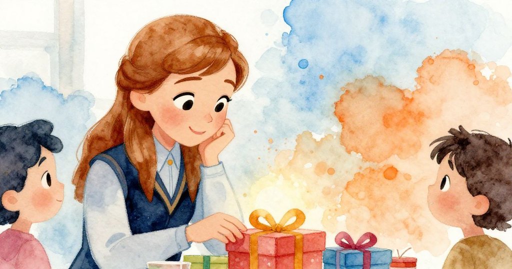 Anna thoughtfully choosing gifts at the market - close-up watercolor illustration