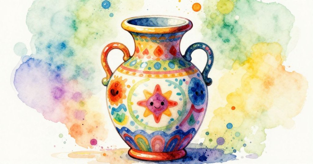 Beautiful colorful vase on display at the market - close-up watercolor illustration