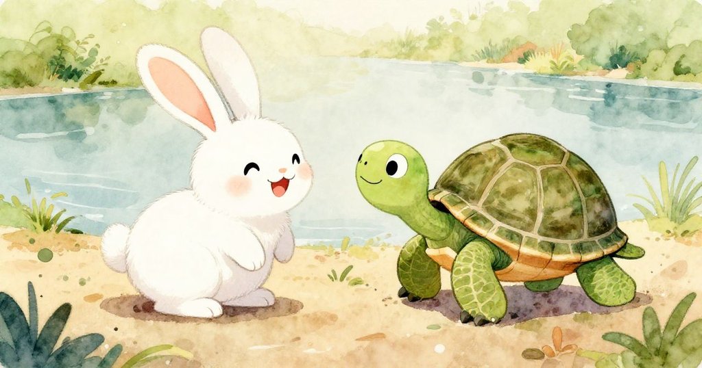 Rabbit and turtle meeting by the river - warm mid shot illustration