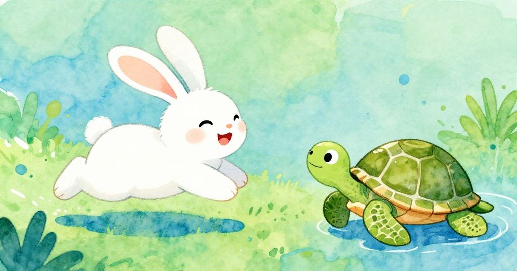 Rabbit and turtle playing near the river - vibrant wide illustration