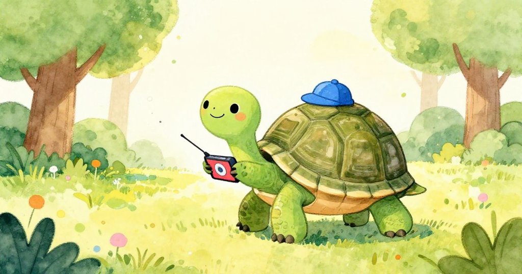 Tortoise walking in sunny park with music player - whimsical illustration