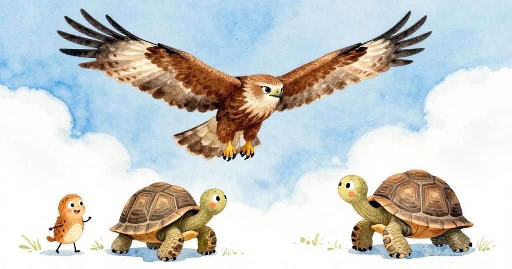 Hawk soaring over tortoise in bright blue sky - adventurous illustration