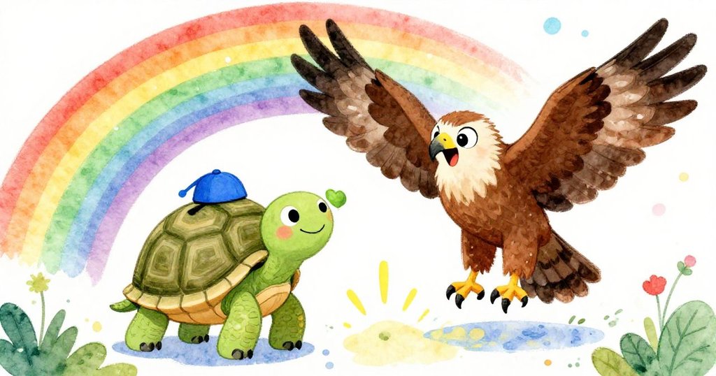 Tortoise celebrates victory over surprised hawk - joyful illustration
