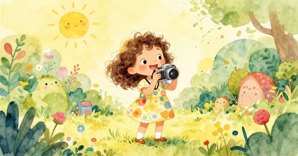 Curious girl with a camera in a colorful garden - whimsical watercolor illustration