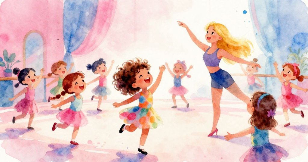 Lily in a joyful dance class with friends - vibrant watercolor illustration