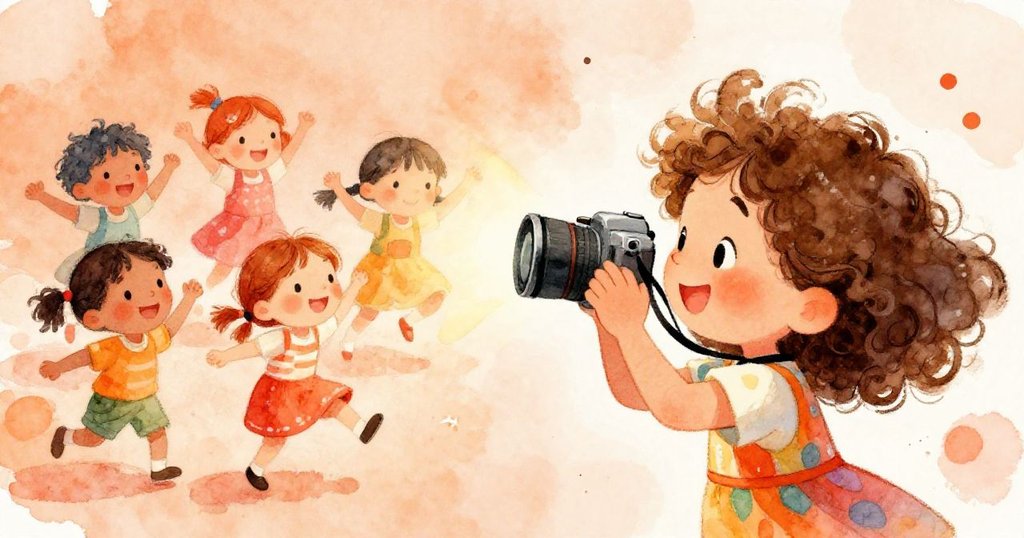 Lily photographing her dancing friends - close-up watercolor illustration