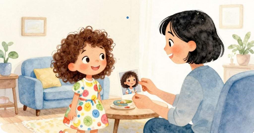 Lily proudly sharing her photos with her mom - warm watercolor illustration