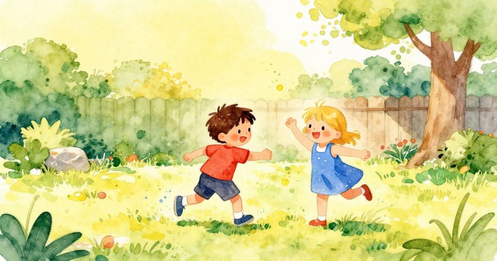 Children playing joyfully in a sunny backyard - vibrant watercolor illustration