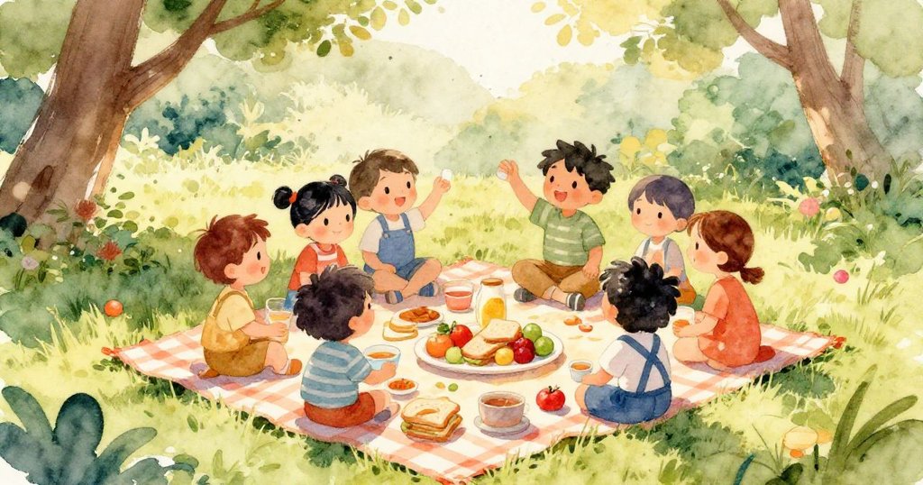 Close-up of a vibrant picnic blanket with food - warm watercolor illustration