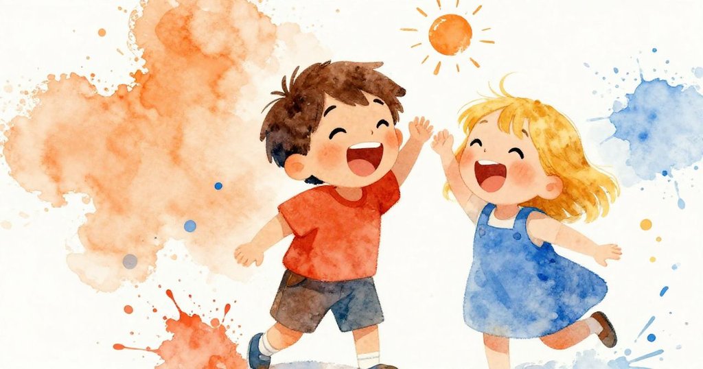 Children laughing in surprise during picnic - joyful mid shot illustration