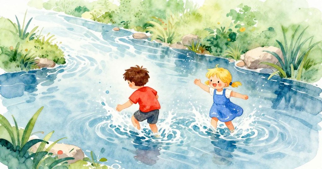 Children joyfully splashing in a small stream - energetic watercolor illustration