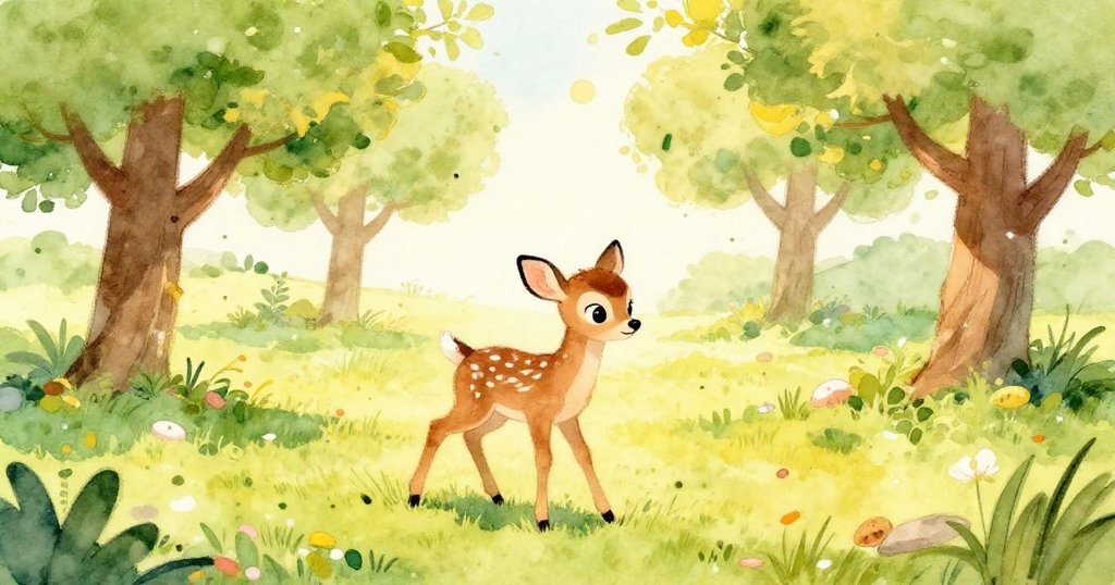 Small fawn playing joyfully in a sunny orchard - whimsical watercolor illustration