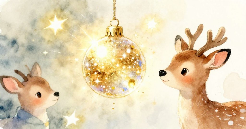 Sparkling ornament found by fawn in sunny orchard - close-up whimsical illustration