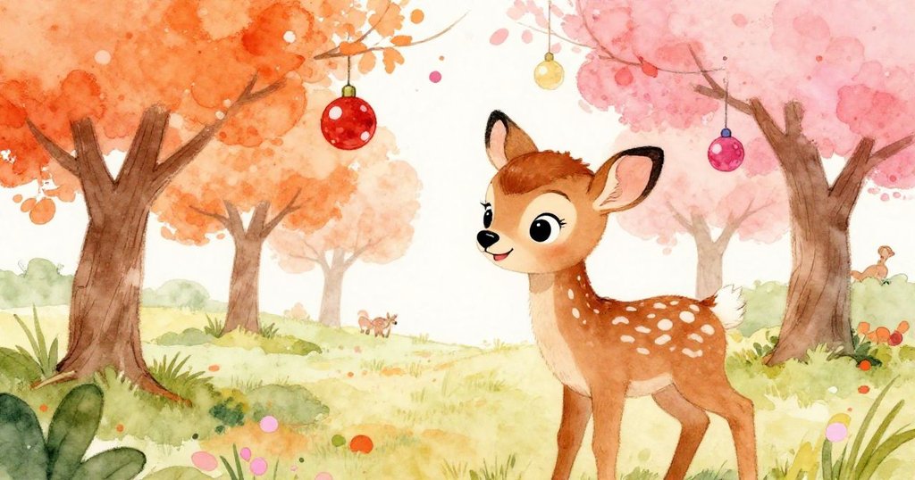 Fawn joyfully holding ornament in mouth, ready to show friends - playful mid shot illustration