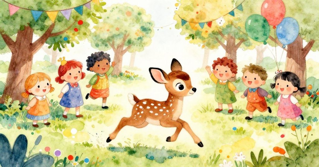 Fawn running to show friends the ornament in a lively orchard - vibrant watercolor illustration