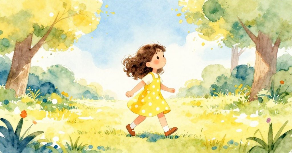 Mary joyfully walking in the sunny park with a cake