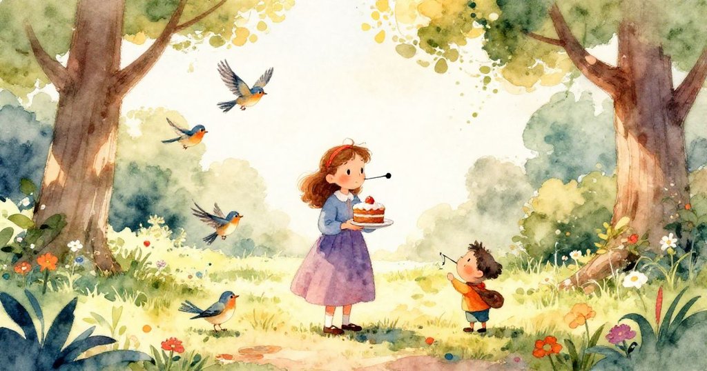 Colorful birds fluttering around Mary in the park