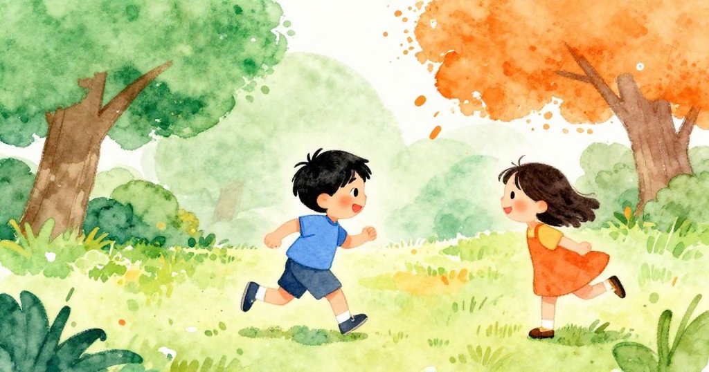 John running towards Mary with excitement in the park