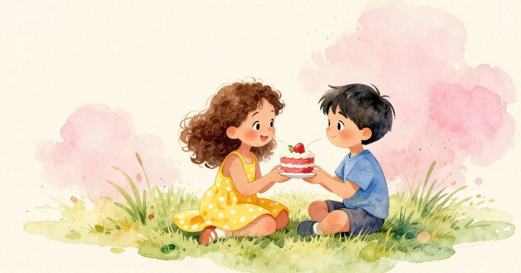 Mary and John happily sharing cake on the grass in the park
