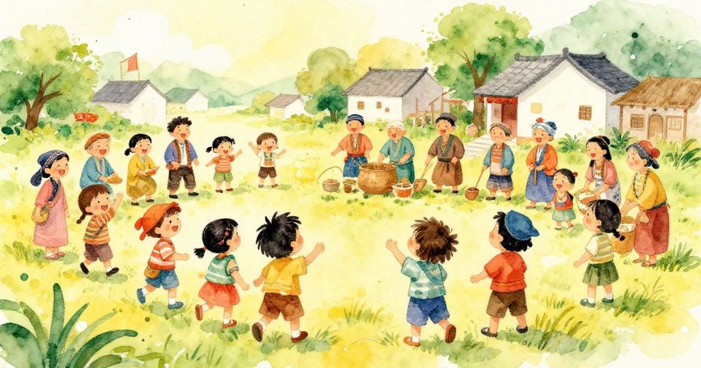 Children and villagers joyfully preparing for the harvest festival in a rural village