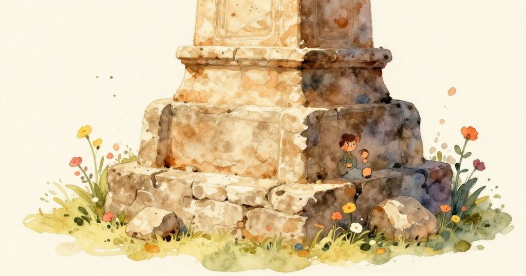 Ancient stone monument in the village surrounded by flowers