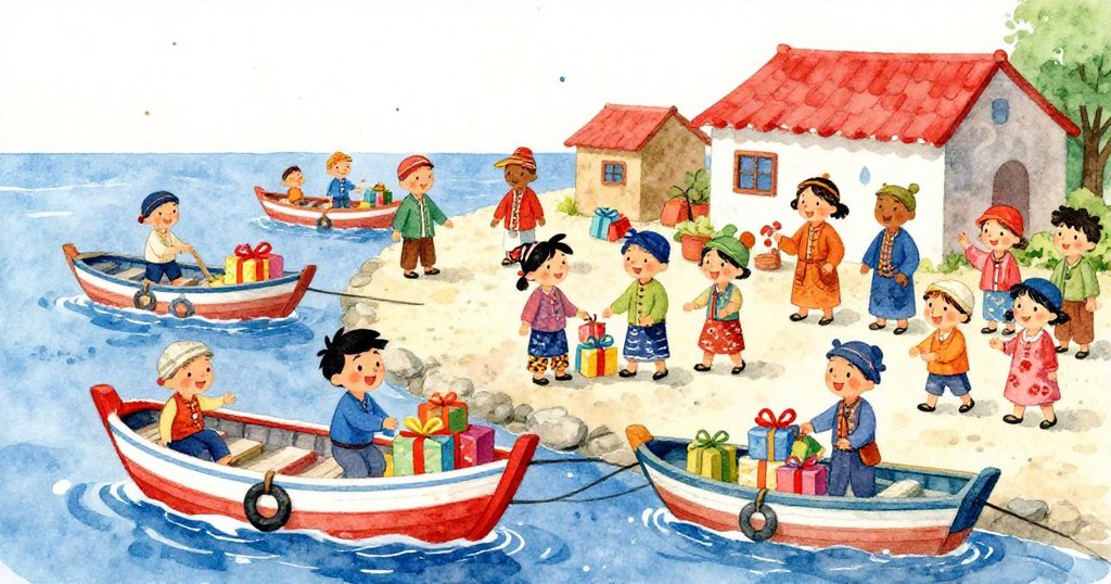 Villagers happily unloading food and gifts from colorful boats at the harbor