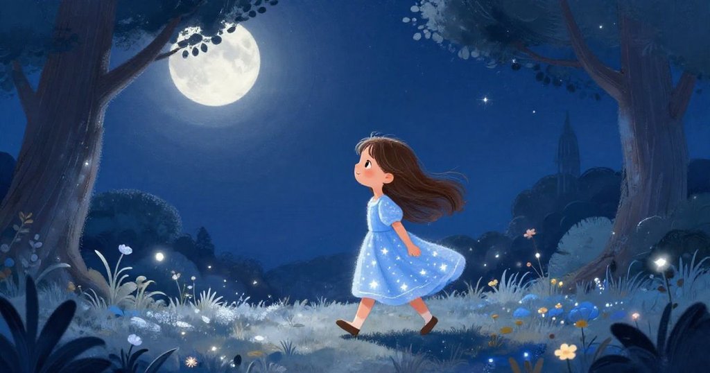 Lily walking joyfully in a park under a starry night sky