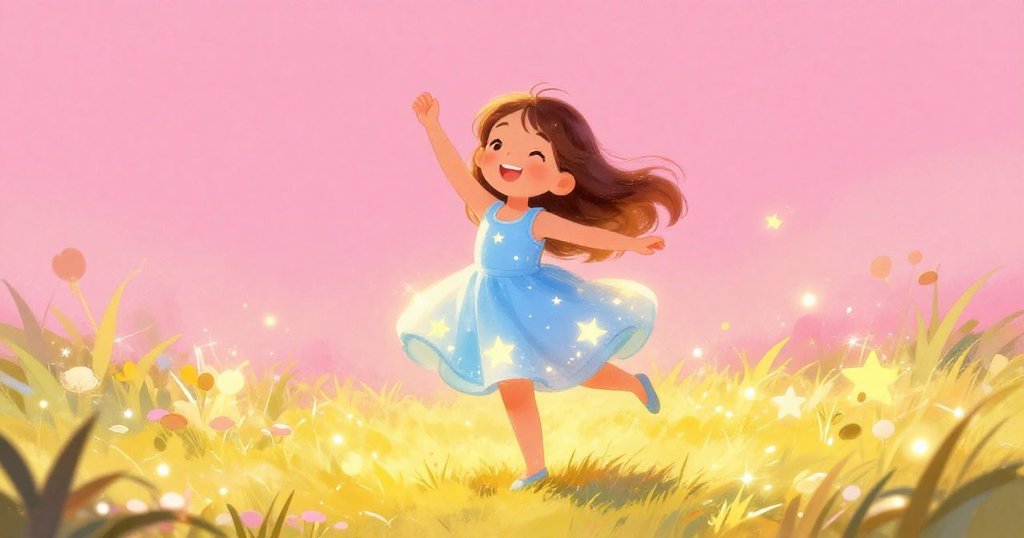 Lily dancing joyfully on glowing grass under the twinkling stars