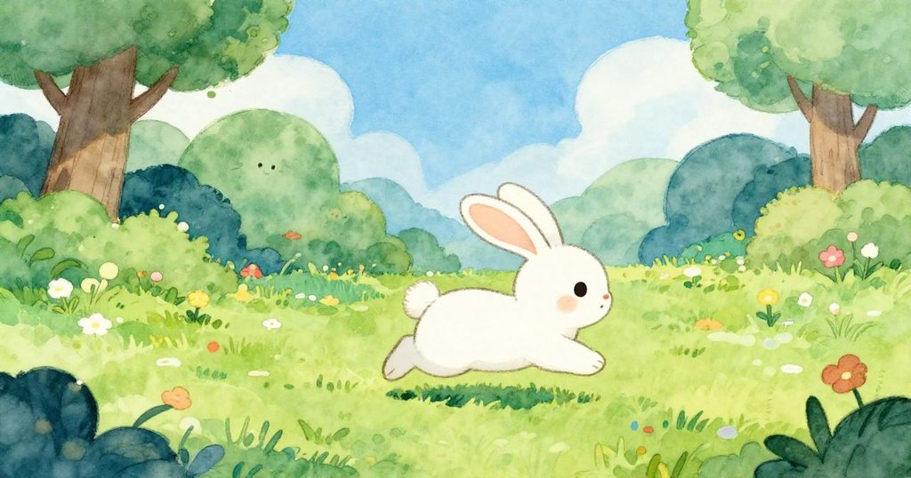 Rabbit running through a vibrant fantasy landscape - whimsical watercolor illustration