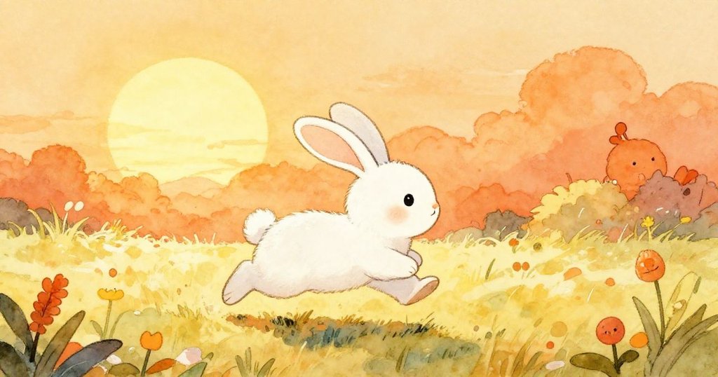 Rabbit determined to start his day at sunrise - soft watercolor illustration