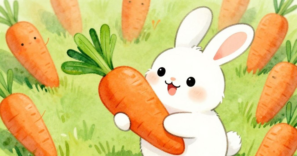 Rabbit joyfully holding a big orange carrot - colorful watercolor illustration