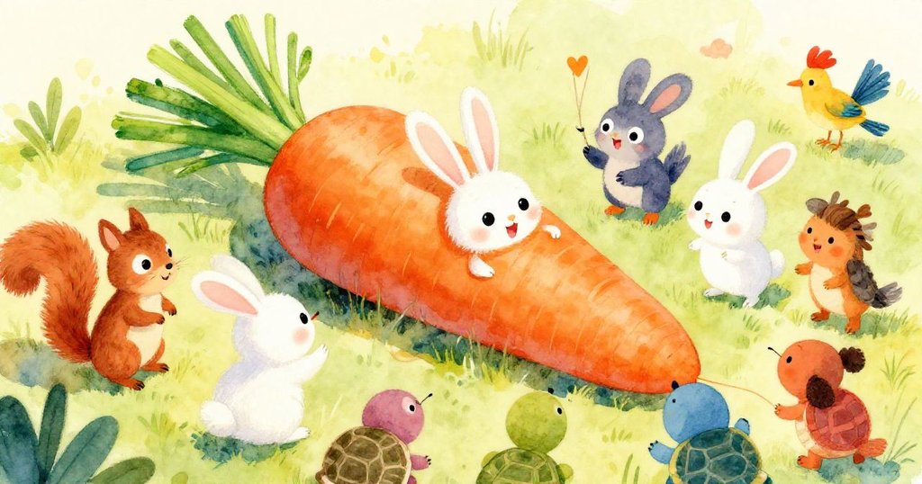 Rabbit sharing a big carrot with friends in a colorful setting - whimsical watercolor illustration