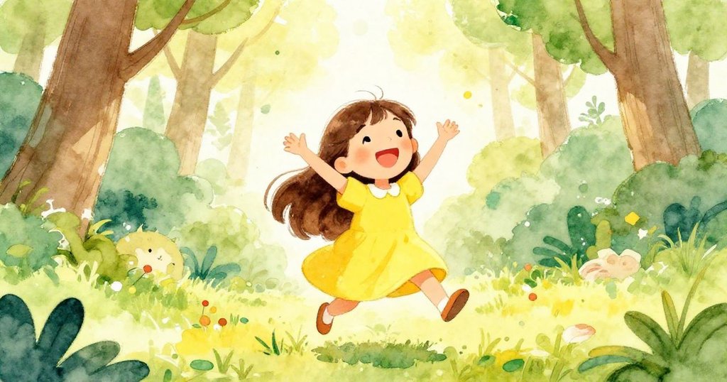 Lily excitedly announcing her forest adventure - vibrant watercolor illustration