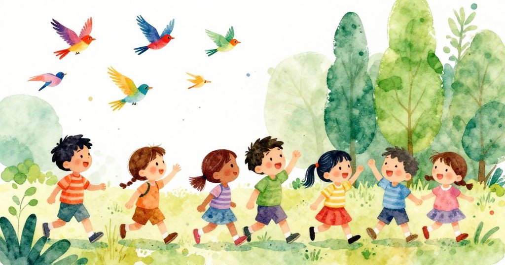 Friends joyfully exploring the colorful forest - cheerful watercolor illustration