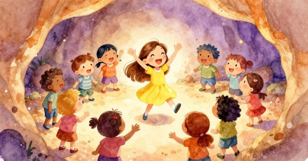 Friends celebrating their special adventure in a cave - warm watercolor illustration