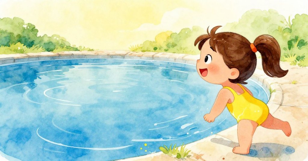 Lily excitedly looking at a big reservoir on a sunny day