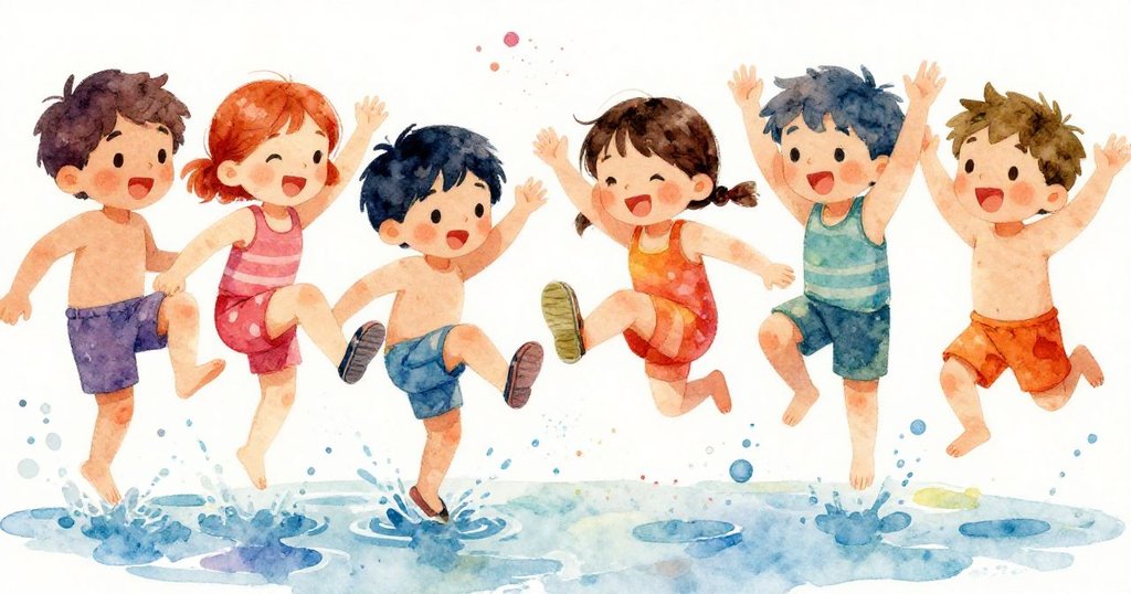 Friends joyfully kicking off shoes and jumping into the water