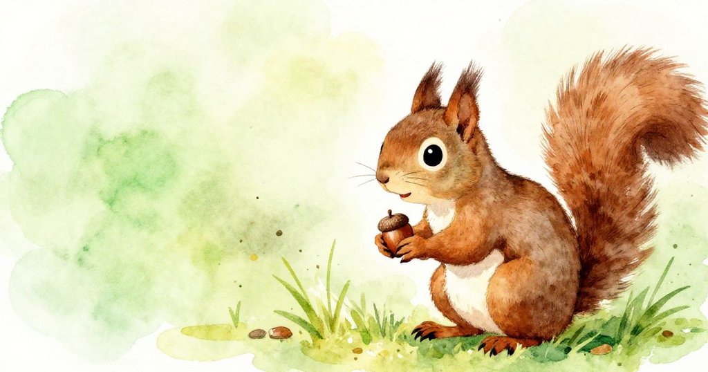 Squirrel searching for food in forest - close-up watercolor illustration
