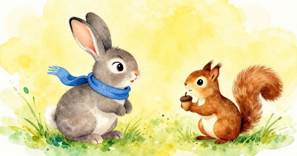 Rabbit and squirrel excited to play in the forest - joyful illustration
