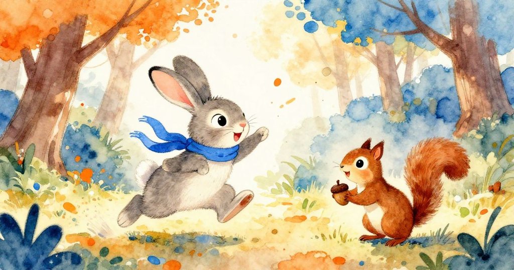 Rabbit and squirrel joyfully jumping in sunlit forest - dynamic watercolor illustration