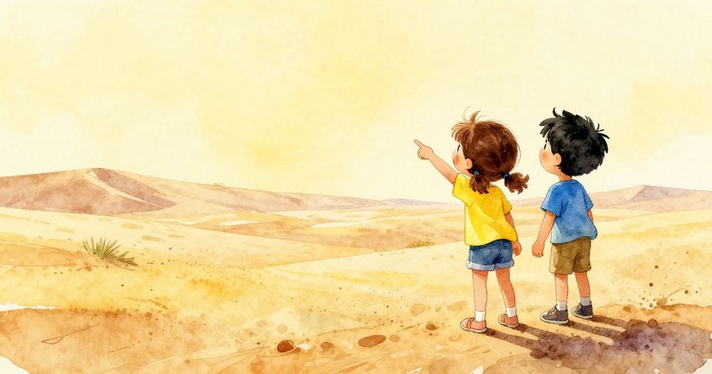 Mia and Leo pointing towards the desert adventure - vibrant watercolor illustration