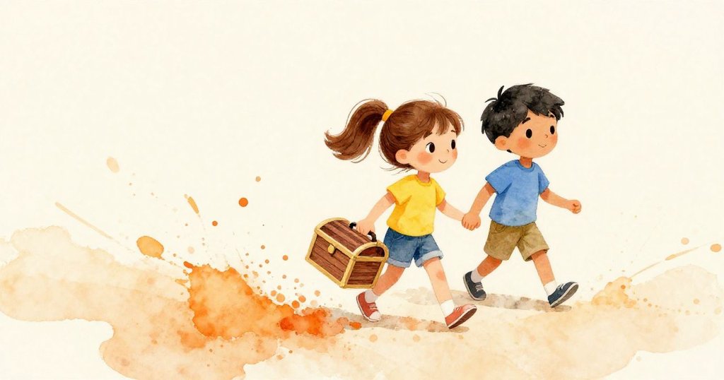 Mia and Leo walking home with treasure box at sunset - warm nostalgic illustration