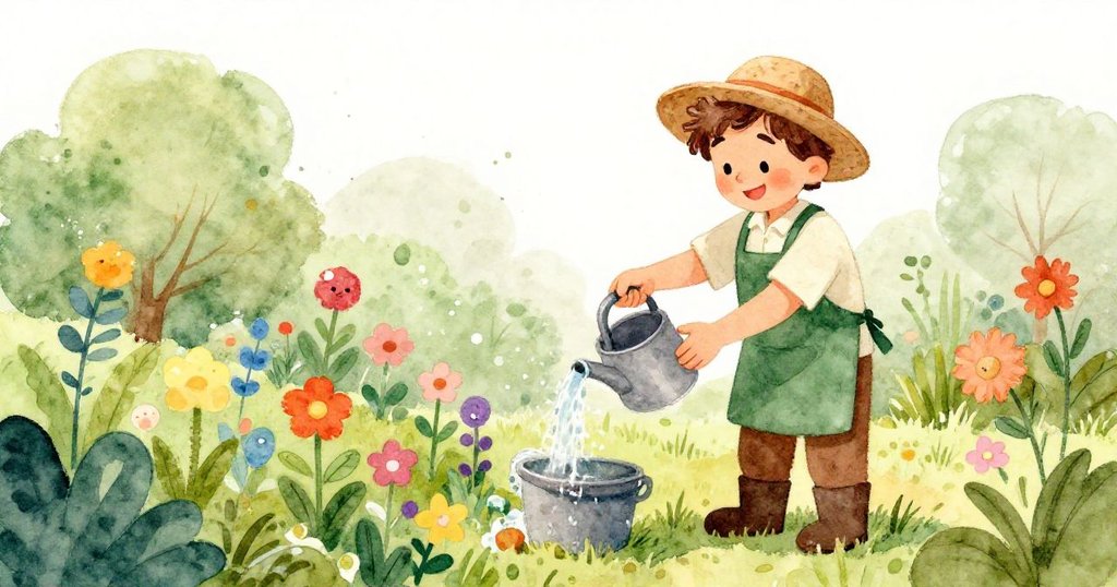 Gardener tending to colorful flowers in sunny garden - whimsical watercolor illustration