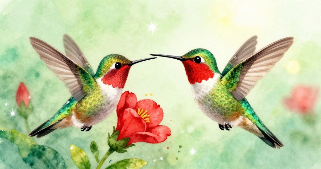 Hummingbird hovering near vibrant red flower in garden - close-up whimsical illustration