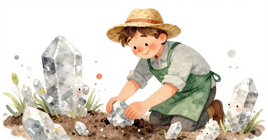 Gardener discovering quartz in soil among flowers - mid shot whimsical illustration