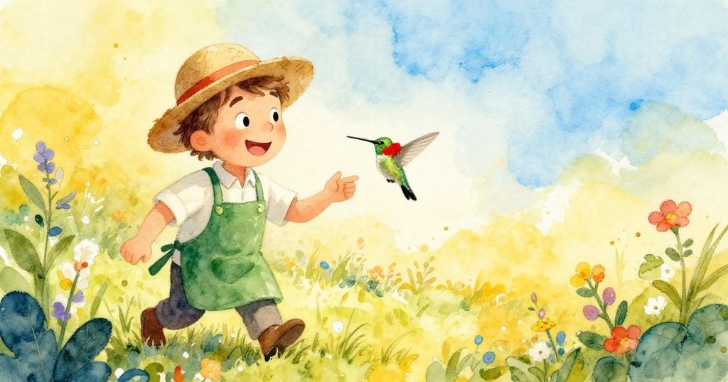 Gardener and hummingbird enjoying the beautiful garden together - whimsical wide illustration